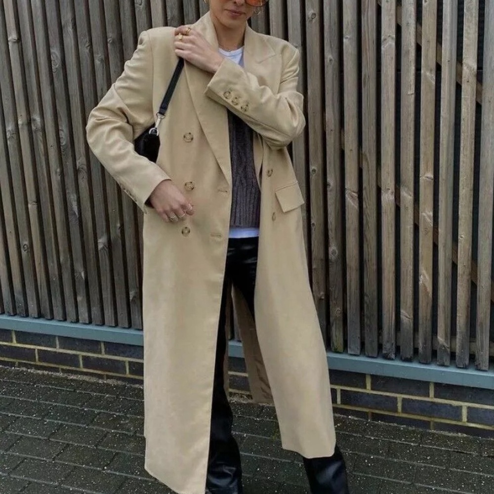 Zara Beige Long Double-Breasted Trench Coat